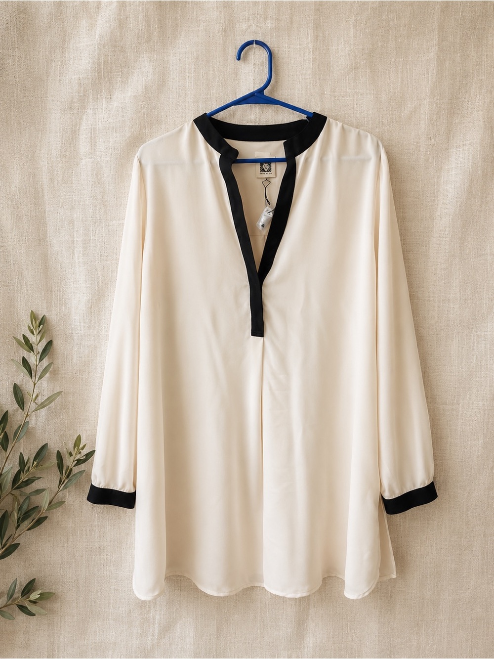 Anne Klein Cream Long Sleeve Tunic with Black Trim